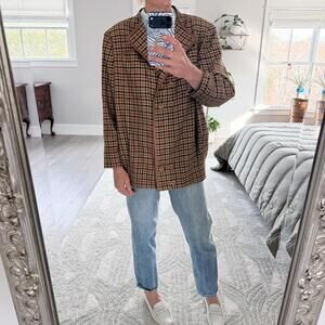 Vintage 60s Style Plaid Wool Jacket | Leather Trim | Brown Houndstooth